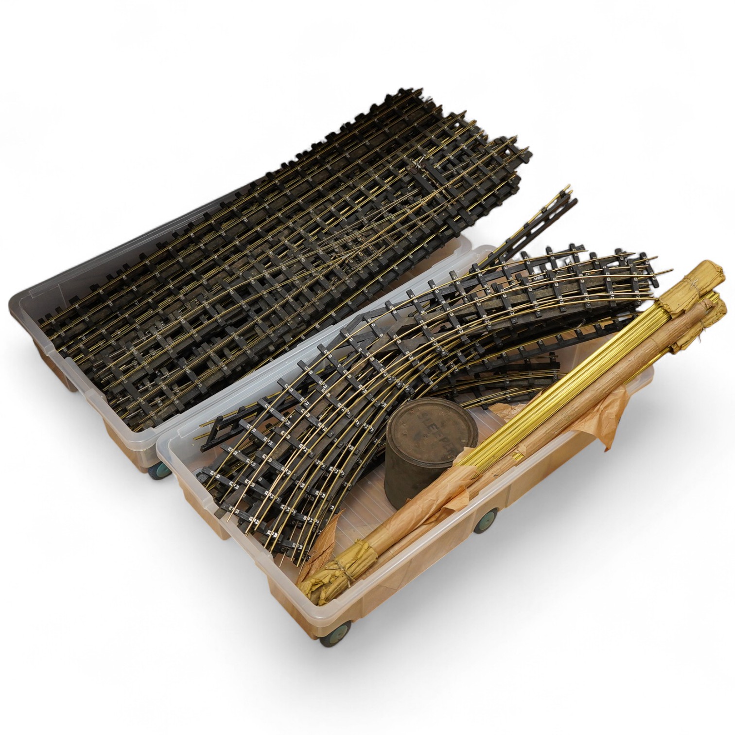 A quantity of Bassett-Lowke track sections, original rail joiners, together with three packets of additional brass flat bottom rail not mounted on sleepers, etc.